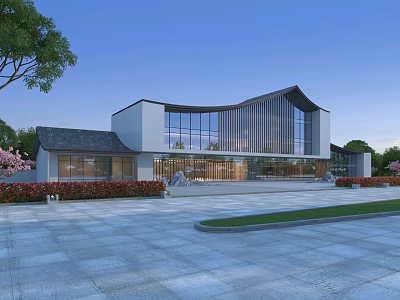 Modern Office Building With Curved Roof Glass Curtain Walls And Landscaped Front Plaza 3d model