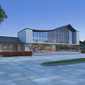 Modern Office Building With Curved Roof Glass Curtain Walls And Landscaped Front Plaza