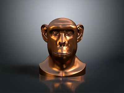 Bronze Colored Monkey Head Sculpture on Dark Background With Reflective Surface 3d model