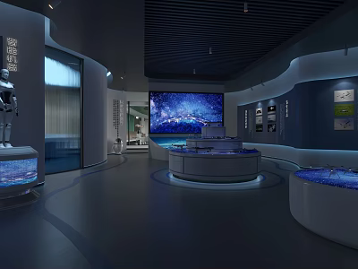 Hi Tech Modern Exhibition Hall With Curved Platforms Large Screen Glass Cases And Blue Lighting 3d model