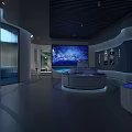 Hi Tech Modern Exhibition Hall With Curved Platforms Large Screen Glass Cases And Blue Lighting