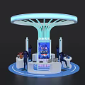 Modern Exhibition Island Design With Circular Top Blue Lighting Display Screens And Products