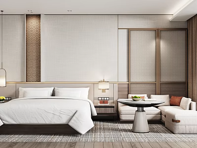 Hotel Guest Room With Large Bed White Bedding Sofa Area And Wooden Accents 3d model