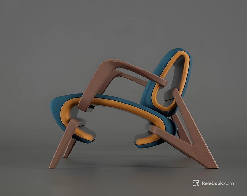Stylish Modern Single Chair With Wooden Frame Blue Orange Curved Design 3d model 