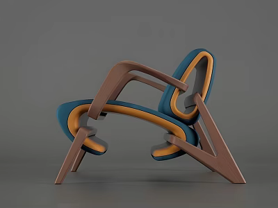 Stylish Modern Single Chair With Wooden Frame Blue Orange Curved Design 3d model
