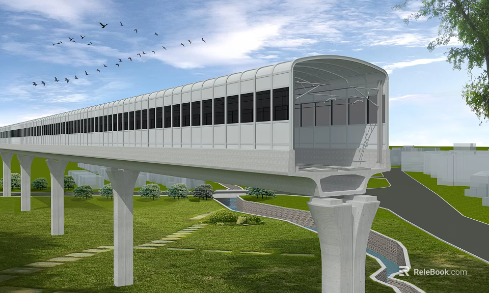 Modern Elevated Bridge With Windows And Surrounding Greenery Pathway Stream And Flying Birds 3d model 
