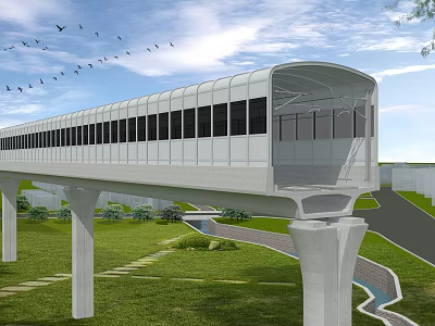Modern Elevated Bridge With Windows And Surrounding Greenery Pathway Stream And Flying Birds 3d model