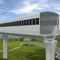 Modern Elevated Bridge With Windows And Surrounding Greenery Pathway Stream And Flying Birds