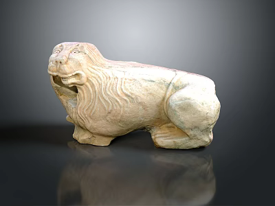 Ancient Stone Lion Sculpture with Intricate Carved Details and Mane Texture in Traditional Design 3d model