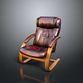 Single Brown Leather Rocking Chair with Wooden Frame and Curved Armrests