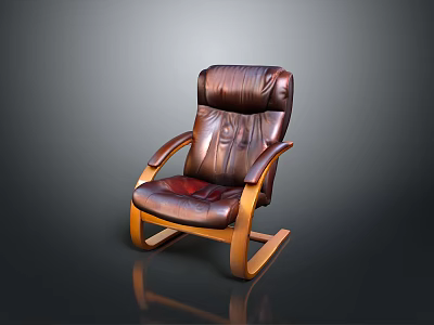 Single Brown Leather Rocking Chair with Wooden Frame and Curved Armrests 3d model