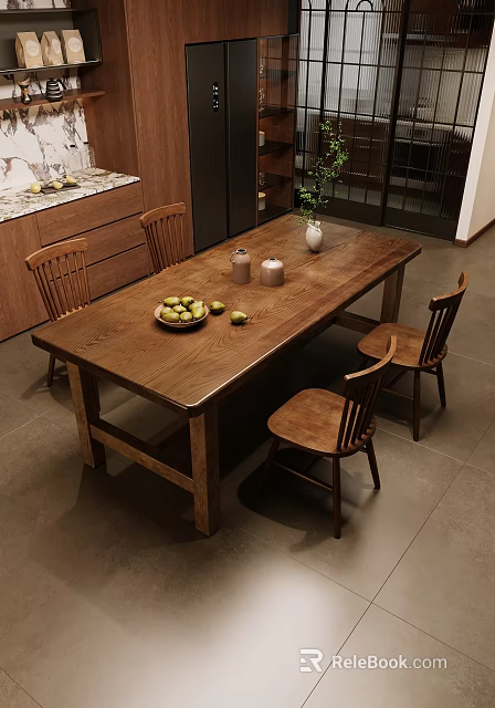Cozy Wooden Dining Table Set With Four Chairs Fruit Bowl Candle Holders And Vase 3d model 
