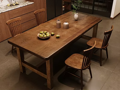 Cozy Wooden Dining Table Set With Four Chairs Fruit Bowl Candle Holders And Vase 3d model