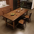 Cozy Wooden Dining Table Set With Four Chairs Fruit Bowl Candle Holders And Vase