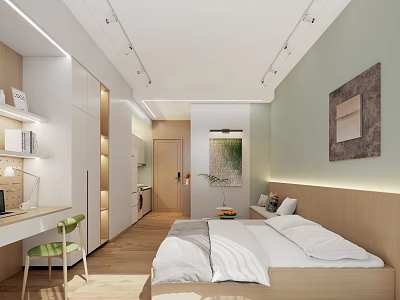 Modern Apartment Interior With Bed Desk Green Chair And Light Wooden Furniture 3d model