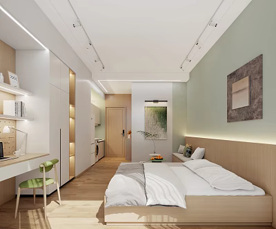 Modern Apartment Interior With Bed Desk Green Chair And Light Wooden Furniture 3d model