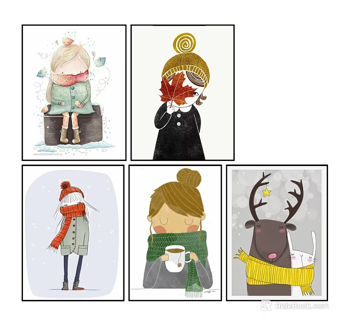 Cute Character Paintings Featuring Girls Reindeer and Kitten with Snowflakes Maple Leaf Hats and Scarves 3d model 