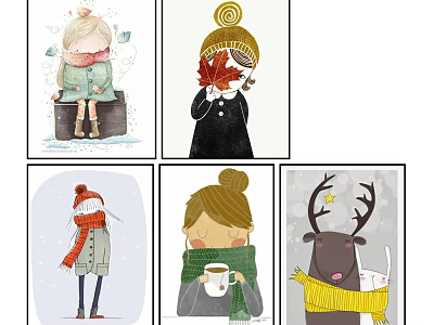 Cute Character Paintings Featuring Girls Reindeer and Kitten with Snowflakes Maple Leaf Hats and Scarves 3d model
