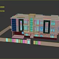 Cartoon Style Multi Story Building Model With Pink And Blue Exterior Windows And Entrance