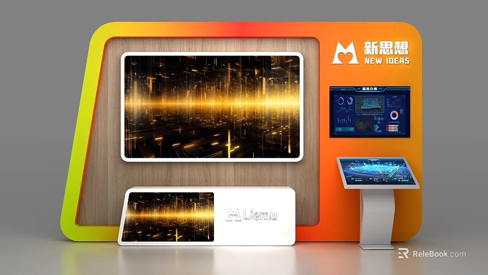 Commercial Display Equipment With Multiple Screens Touchscreen Stand And Orange Yellow Gradient Frame 3d model 
