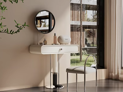 Modern White Dressing Table With Round Mirror Cosmetics Chair And Natural Light 3d model