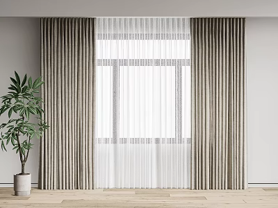 Neutral Toned Striped Curtains With Sheer Layer And Indoor Plant Near Window 3d model