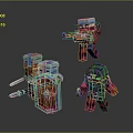 Pixelated Man Game Characters With Sword Shield Gun Arrows And Hooded Armor In Action Poses