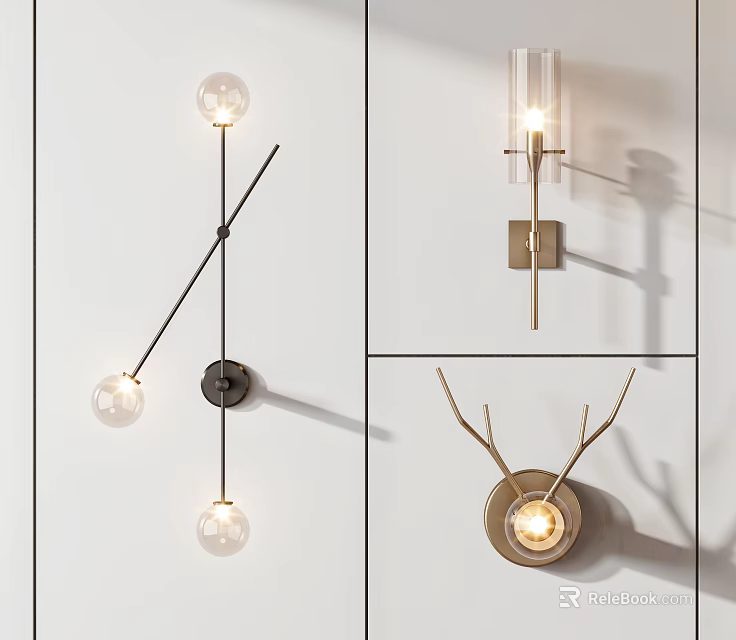 Modern Minimalist Wall Lamps With Glass Globe Transparent Shade And Antler Design 3d model 