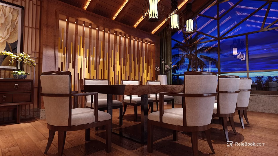 Warm Restaurant Interior With Wooden Walls Ceiling Chandeliers Large Windows And Palm Trees Outside 3d model 