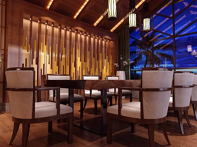 Warm Restaurant Interior With Wooden Walls Ceiling Chandeliers Large Windows And Palm Trees Outside 3d model
