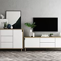 Modern TV Stand with White Wood Design Decorative Items Green Plant and Books