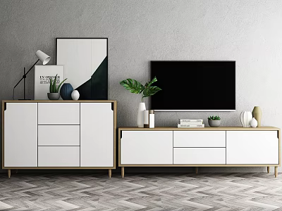 Modern TV Stand with White Wood Design Decorative Items Green Plant and Books 3d model