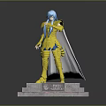 Poseidon Aristaeus Statue With Golden Armor Blue Hair And Pink Flower Base