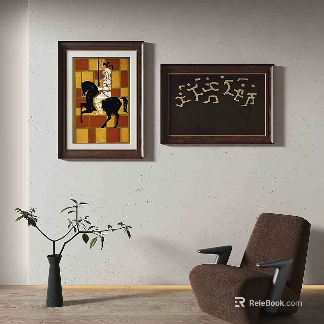 Modern Framed Abstract Paintings Hanging On Wall With Checkerboard And Line Patterns 3d model