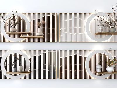 Elegant Feature Wall With Linear Striped Patterns Circular Accents Wooden Shelves And Decorative Vases 3d model