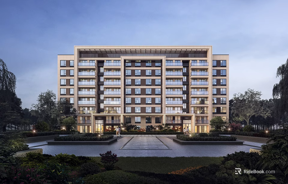 Modern Apartment Building With Glass Windows Garden Entrance Plaza And Water Feature 3d model 