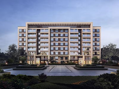 Modern Apartment Building With Glass Windows Garden Entrance Plaza And Water Feature 3d model