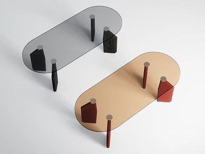 Modern Coffee Table With Glass Top And Colored Wooden Legs In Black Red And Beige 3d model