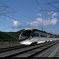 Cartoon Scene of High Viaduct Railway Tracks Green Hills and Pink Flowers Under Blue Sky