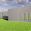 Modern Gray Feature Wall With Geometric Windows And Green Grass Background 3d model