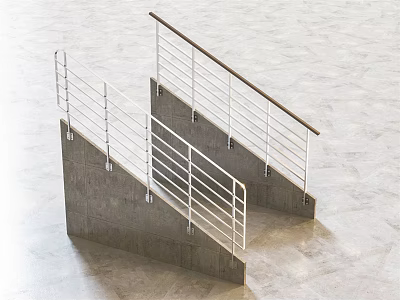 White Metal Fence With Vertical Railings And Handrail On Concrete Staircase Outdoor 3d model