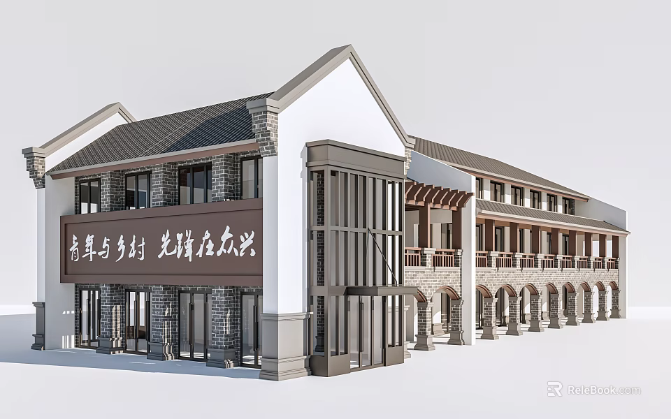 Traditional Rural Tourist Center Architectural Exterior With Tile Roof And Stone Columns 3d model 