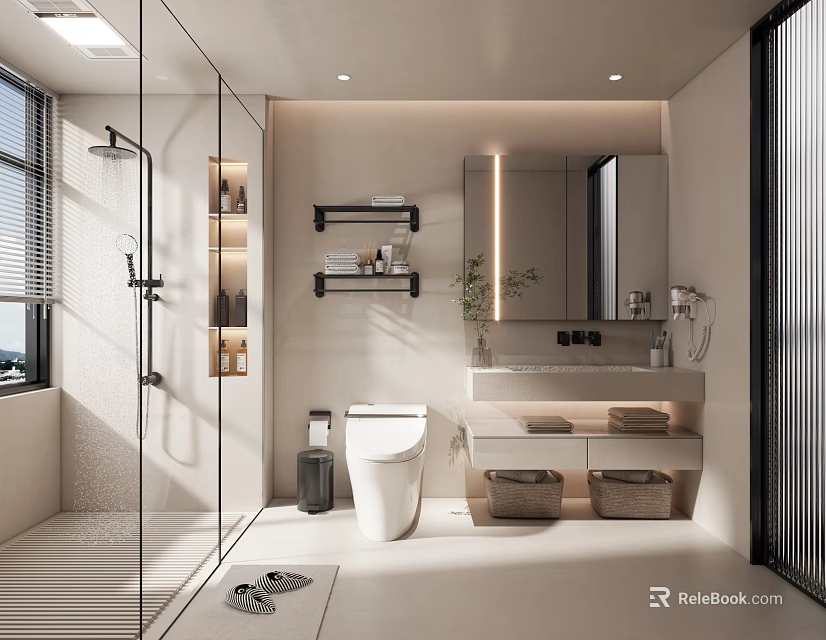 Modern Bathroom Interior Featuring Glass Shower Enclosure Toilet Vanity Mirror Shelves And Plants 3d model 