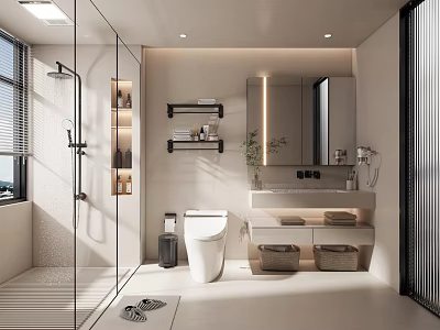 Modern Bathroom Interior Featuring Glass Shower Enclosure Toilet Vanity Mirror Shelves And Plants 3d model