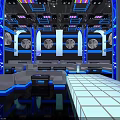 Futuristic Bar with Blue Lighting Dance Floor Bar Counter Mirrored Flooring and Arched Decorations