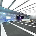 Modern Spacious Exhibition Hall With White Ceiling Strip Lights Blue Line Displays And Gray White Flooring