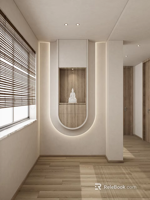 Modern Buddhist Shrine Cabinet With Oval Design White Buddha Statue Wooden Accents And Window Blinds 3d model 