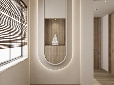 Modern Buddhist Shrine Cabinet With Oval Design White Buddha Statue Wooden Accents And Window Blinds 3d model