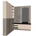 Modern Bathroom Vanity With Oval Mirror Textured Wall White Cabinetry Black Basin And Gold Faucet