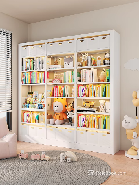 Stylish White Full Wall Bookcase For Children With Colorful Books And Lovely Toy Decorations 3d model 